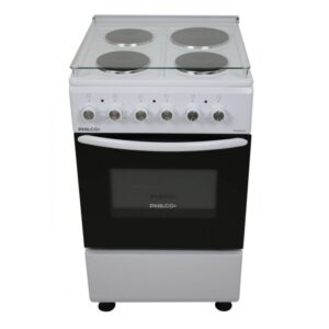 COCINA ELECTRICA 50CM BLANCA TAPA DE VIDRIO, TERMOSTATO Y LUZ DE HORNO